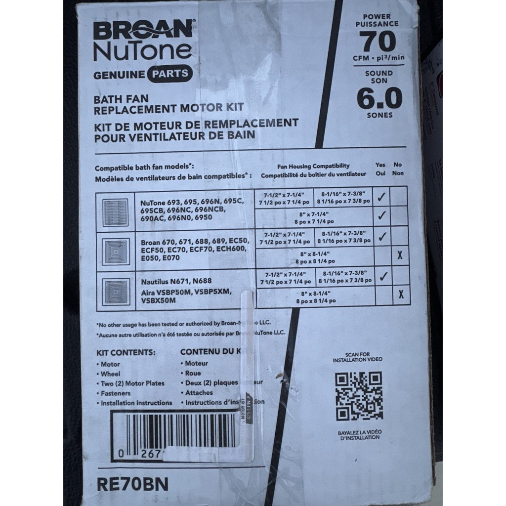 Broan NuTone RE70BN Bath Fan Replacement Motor Kit 70 CFM - Open Box